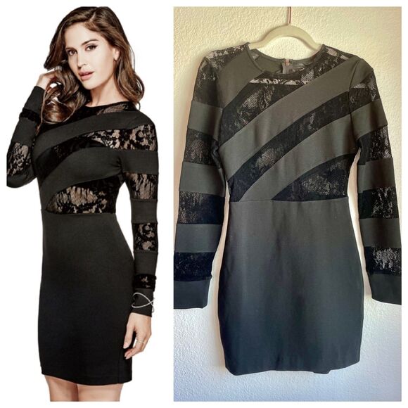 NWT Guess Frederikke Spliced Long Sleeve Dress w Peekaboo Lace in Black Size S - Picture 1 of 15